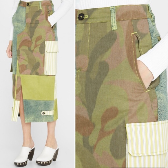 MARNI Cargo Pocket Patchwork Suede Camo Mixed Media Midi Skirt Green Size Medium - Picture 4 of 16
